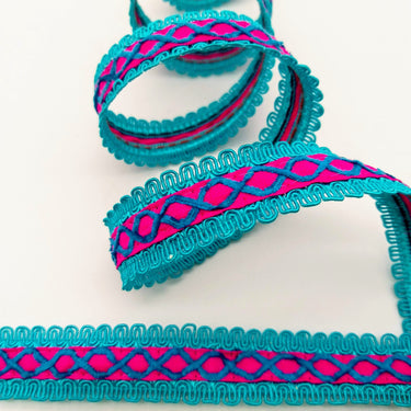 Fuchsia Pink Cotton Fabric Lace Trim with Blue Thread Embroidery, Trim By 3 Yards, Craft Decorative Ribbon